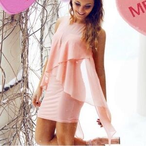 NWT Women’s BEBE Peach Chiffon Flowing Cape Layered Mini Dress Sheer Size XXS